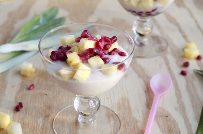 Coconut Yogurt with Pineapple and Pomegranate in a Glass