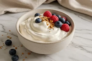 Final fluffy yogurt bowl with toppings