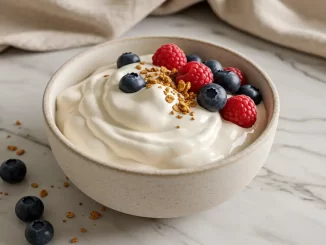 Final fluffy yogurt bowl with toppings