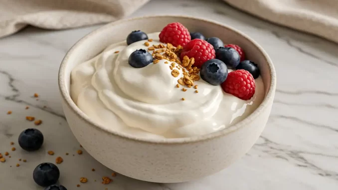 Final fluffy yogurt bowl with toppings