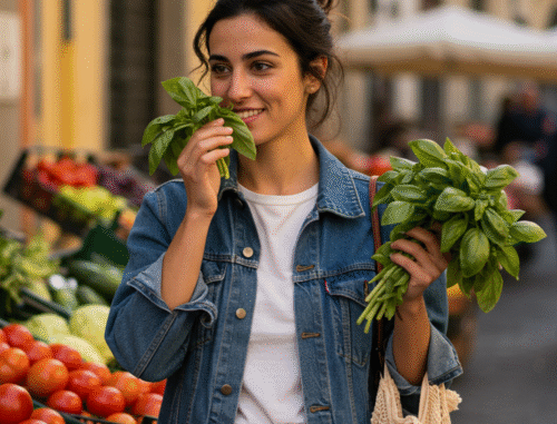 Author Sofia Russo in the farmer's market with vegetables